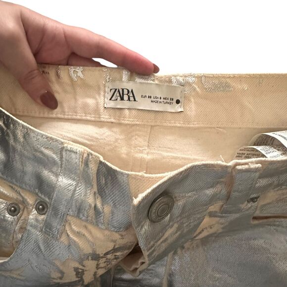 ZARA Metallic Mid-Rise Boyfriend Jean Silver‎ Sz 6 - Picture 6 of 9